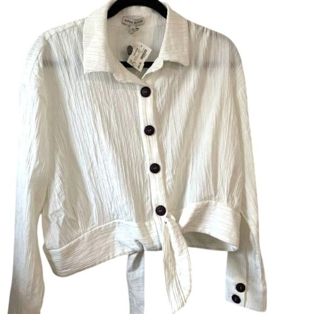 Moon River White Textured Button-Down Tie-Front Blouse Womens L